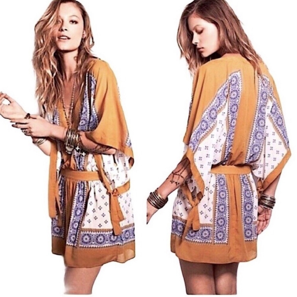 Free People Santa Cruz Gold and Blue Boho Kimono Dress Size S